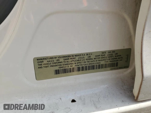 2009 Volkswagen Jetta SE с VIN 3VWTM71K19M251966, выставлен на аукционе Copart как лот 42421345 с пробегом 191 811 миль миль и Списание • Salvage title. История ставок и продаж доступна на DreamBid. Изображение 12.