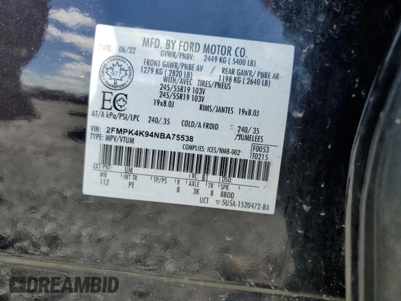 2022 Ford Edge Titanium with VIN 2FMPK4K94NBA75538, listed as a Copart auction lot 55919505 with Not provided miles and Clean title. Bid and sale history available at DreamBid. Image 14.