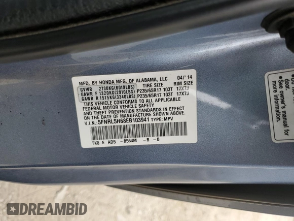 2014 Honda Odyssey EX-L with VIN 5FNRL5H68EB103941, listed as a Copart auction lot 60715095 with 109,013 mi miles and Salvage title. Bid and sale history available at DreamBid. Image 13.