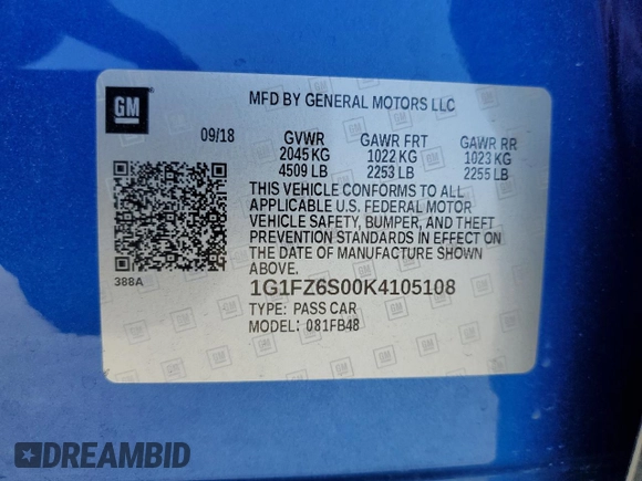 2019 Chevrolet Bolt EV Premier with VIN 1G1FZ6S00K4105108, listed as a Copart auction lot 60080775 with 44,233 mi miles and Salvage title. Bid and sale history available at DreamBid. Image 12.