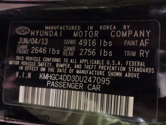 2013 Hyundai Genesis 3.8L with VIN KMHGC4DD3DU247095, listed as a IAAI auction lot 41551023 with 131,038 mi miles. Bid and sale history available at carsss.com. Image 9.