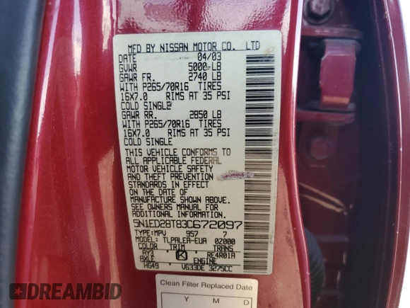 2003 Nissan Xterra XE with VIN 5N1ED28T83C672097, listed as a Copart auction lot 88880735 with 205,401 mi miles and Salvage Title. Bid and sale history available at DreamBid. Image 15.