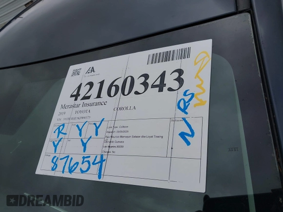 2019 Toyota Corolla L with VIN 5YFBURHE5KP890375, listed as a IAAI auction lot 42160343 with 87,654 mi miles and . Bid and sale history available at DreamBid. Image 17.