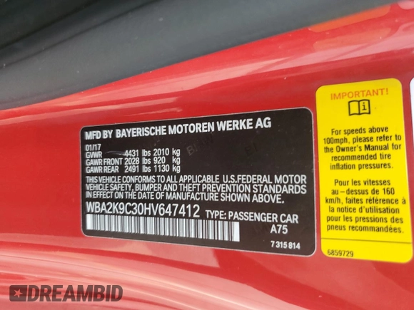 2017 BMW 2 Series 230i with VIN WBA2K9C30HV647412, listed as a Copart auction lot 70314504 with 49,695 mi miles and Salvage title. Bid and sale history available at DreamBid. Image 14.