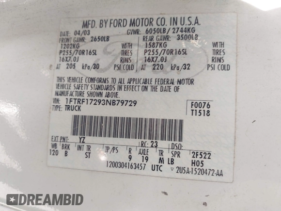 2003 Ford F-150 XL with VIN 1FTRF17293NB79729, listed as a IAAI auction lot 41795590 with 110,545 mi miles and . Bid and sale history available at DreamBid. Image 9.