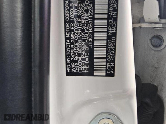 2016 Toyota Prius One with VIN JTDKDTB36G1122341, listed as a Copart auction lot 53493765 with 35,779 mi miles and Clean Title. Bid and sale history available at DreamBid. Image 12.