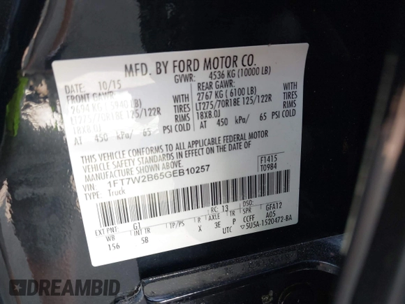 2016 Ford F-250 Lariat with VIN 1FT7W2B65GEB10257, listed as a IAAI auction lot 42662205 with 45,801 mi miles and . Bid and sale history available at DreamBid. Image 9.