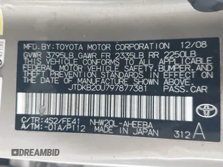 2009 Toyota Prius with VIN JTDKB20U797877381, listed as a IAAI auction lot 42180399 with 265,623 mi miles. Bid and sale history available at carsss.com. Image 9.
