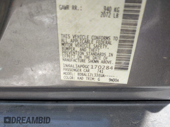 2016 Nissan Altima SR with VIN 1N4AL3AP0GC170284, listed as a IAAI auction lot 41818738 with 220,187 mi miles and . Bid and sale history available at carsss.com. Image 9.