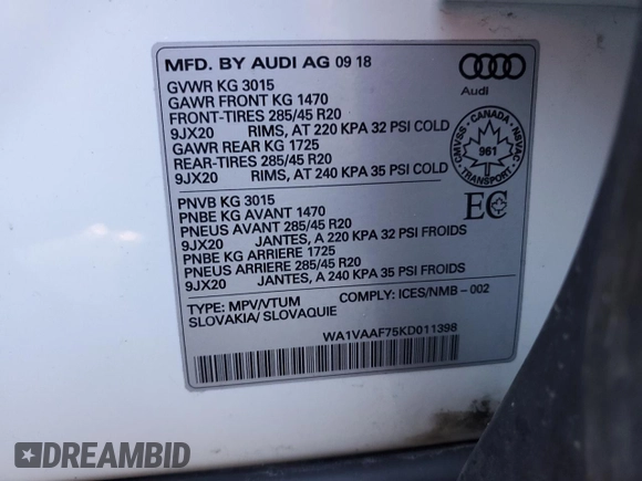 2019 Audi Q7 Prestige with VIN WA1VAAF75KD011398, listed as a Copart auction lot 49524945 with 103,306 mi miles and Salvage Title. Bid and sale history available at carsss.com. Image 14.