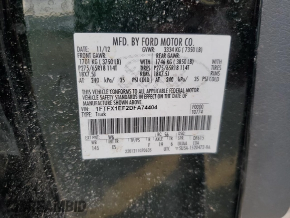 2013 Ford F-150 XL with VIN 1FTFX1EF2DFA74404, listed as a Copart auction lot 82196384 with 108,241 mi miles and Salvage Title. Bid and sale history available at carsss.com. Image 13.