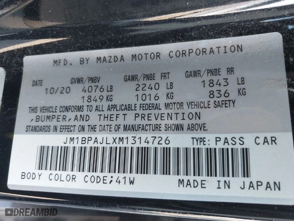 2021 Mazda Mazda3 Hatchback 2.5 S with VIN JM1BPAJLXM1314726, listed as a IAAI auction lot 41193185 with 43,546 mi miles. Bid and sale history available at carsss.com. Image 9.