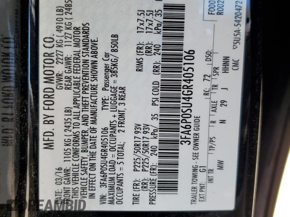 2016 Ford Fusion Titanium with VIN 3FA6P0SU4GR405106, listed as a Copart auction lot 54958025 with 90,230 mi miles and Salvage title. Bid and sale history available at DreamBid. Image 13.