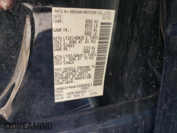 2016 Nissan Titan Pro-4X с VIN 1N6BA1F48GN500861, выставлен на аукционе Copart как лот 46651195 с пробегом 235 134 миль миль и Списание • Salvage title. История ставок и продаж доступна на DreamBid. Изображение 12.
