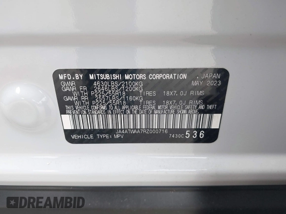 2024 Mitsubishi Eclipse Cross SE with VIN JA4ATWAA7RZ000716, listed as a IAAI auction lot 41221220 with 903 mi miles and . Bid and sale history available at DreamBid. Image 9.
