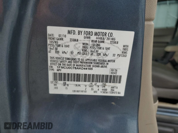 2010 Ford Escape XLS with VIN 1FMCU0C78AKD44185, listed as a Copart auction lot 60876155 with 157,399 mi miles and Salvage title. Bid and sale history available at DreamBid. Image 13.