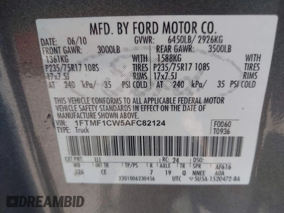 2010 Ford F-150 XL with VIN 1FTMF1CW5AFC82124, listed as a IAAI auction lot 41801737 with 214,761 mi miles and . Bid and sale history available at DreamBid. Image 9.
