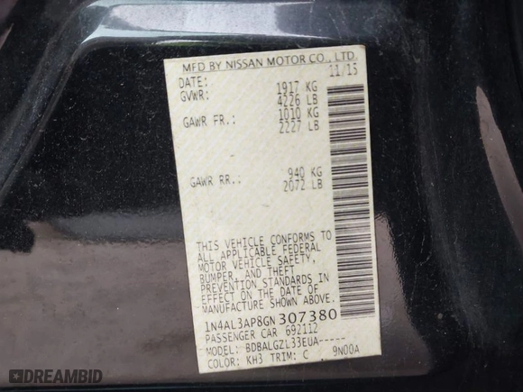 2016 Nissan Altima 2.5 SR with VIN 1N4AL3AP8GN307380, listed as a IAAI auction lot 41396727 with 154,952 mi miles. Bid and sale history available at carsss.com. Image 9.