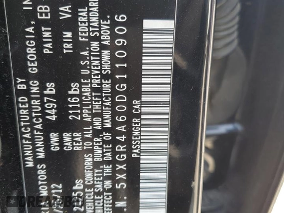 2013 Kia Optima SX with VIN 5XXGR4A60DG110906, listed as a Copart auction lot 60209675 with Not provided miles and Salvage title. Bid and sale history available at DreamBid. Image 12.
