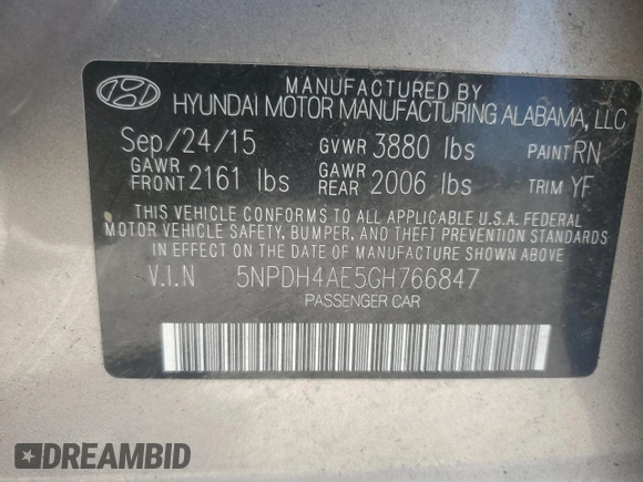 2016 Hyundai Elantra SE with VIN 5NPDH4AE5GH766847, listed as a Copart auction lot 56353865 with 91,153 mi miles and Salvage title. Bid and sale history available at DreamBid. Image 12.