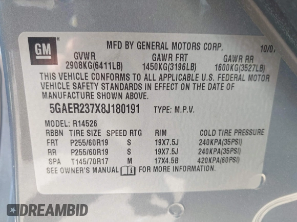 2008 Buick Enclave CXL with VIN 5GAER237X8J180191, listed as a IAAI auction lot 41972434 with 134,103 mi miles and . Bid and sale history available at DreamBid. Image 9.
