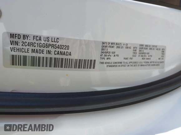 2023 Chrysler Pacifica Limited with VIN 2C4RC1GG6PR540220, listed as a IAAI auction lot 42009535 with 29,339 mi miles and . Bid and sale history available at DreamBid. Image 9.