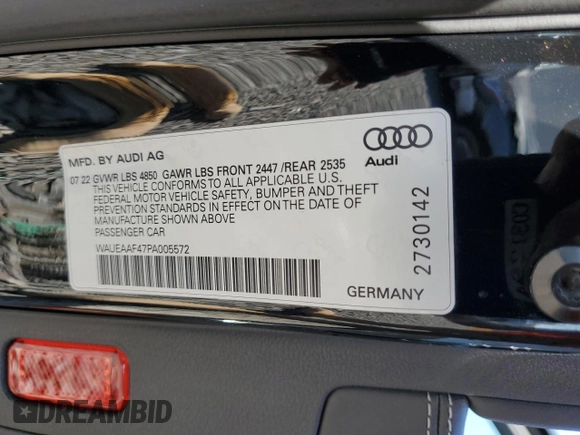 2023 Audi A4 S line Premium Plus with VIN WAUEAAF47PA005572, listed as a Copart auction lot 55026685 with 33,437 mi miles and Salvage Title. Bid and sale history available at DreamBid. Image 13.