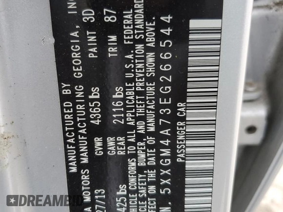 2014 Kia Optima LX z VIN 5XXGM4A73EG266544, wystawiony jako Copart lot #53988705 z przebiegiem 66 356 mil mil oraz Szkoda całkowita • Salvage title. Historia ofert i sprzedaży dostępna na DreamBid. Obrazek 13.
