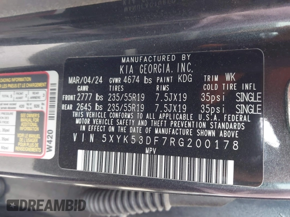 2024 Kia Sportage SX-Prestige with VIN 5XYK53DF7RG200178, listed as a IAAI auction lot 42068886 with 15,907 mi miles and . Bid and sale history available at DreamBid. Image 9.
