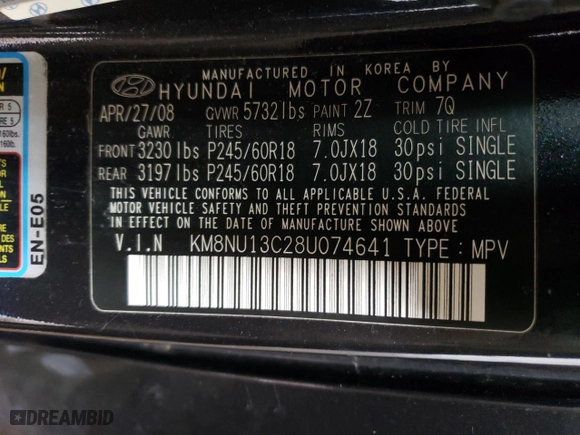 2008 Hyundai Veracruz GLS with VIN KM8NU13C28U074641, listed as a Copart auction lot 47037765 with 158,800 mi miles and Clean Title. Bid and sale history available at carsss.com. Image 14.