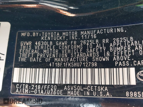 2017 Toyota Camry XLE z VIN 4T1BF1FK5HU712798, wystawiony jako IAAI lot #42268987 z przebiegiem 127 654 mil mil oraz . Historia ofert i sprzedaży dostępna na DreamBid. Obrazek 9.