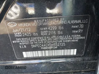 2013 Hyundai Sonata Limited with VIN 5NPEC4ACXDH552725, listed as a IAAI auction lot 42224971 with 153,000 mi miles and . Bid and sale history available at DreamBid. Image 9.