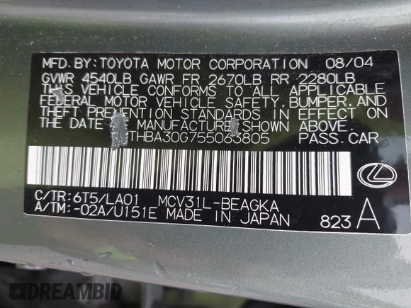 2005 Lexus ES 350 с VIN JTHBA30G755063805, выставлен на аукционе IAAI как лот 42376576 с пробегом 209 524 миль миль и . История ставок и продаж доступна на DreamBid. Изображение 9.