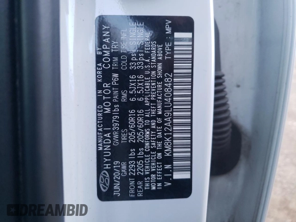 2020 Hyundai Kona SE with VIN KM8K12AA9LU408482, listed as a Copart auction lot 66132122 with 55,257 mi miles. Bid and sale history available at carsss.com. Image 10.