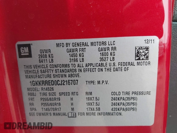 2012 GMC Acadia SLT1 with VIN 1GKKRRED0CJ216707, listed as a IAAI auction lot 41739391 with 49,598 mi miles. Bid and sale history available at carsss.com. Image 9.