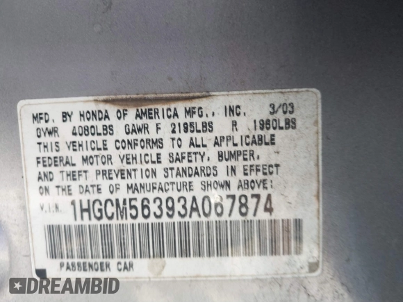 2003 Honda Accord LX with VIN 1HGCM56393A067874, listed as a IAAI auction lot 42390937 with 252,487 mi miles and . Bid and sale history available at DreamBid. Image 9.