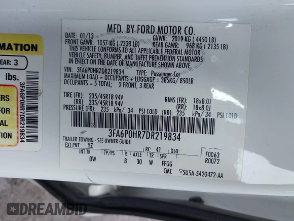 2013 Ford Fusion SE with VIN 3FA6P0HR7DR219834, listed as a IAAI auction lot 42742690 with 176,359 mi miles and . Bid and sale history available at DreamBid. Image 9.