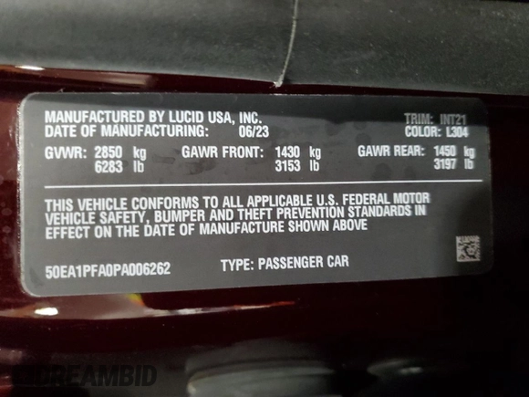 2023 Lucid Air Pure with VIN 50EA1PFA0PA006262, listed as a Copart auction lot 48882515 with 32,942 mi miles and Salvage Title. Bid and sale history available at carsss.com. Image 13.