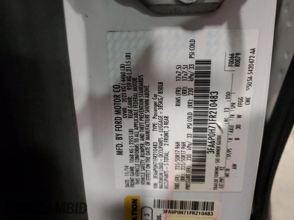 2015 Ford Fusion SE with VIN 3FA6P0H71FR210483, listed as a Copart auction lot 44311035 with 189,451 mi miles and Non Repairable. Bid and sale history available at DreamBid. Image 12.