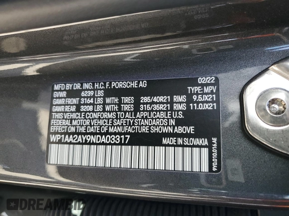 2022 Porsche Cayenne Turbo S E-Hybrid with VIN WP1AA2AY9NDA03317, listed as a Copart auction lot 47433095 with Not provided miles and Salvage title. Bid and sale history available at DreamBid. Image 13.