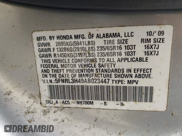 2010 Honda Odyssey EX с VIN 5FNRL3H49AB023447, выставлен на аукционе IAAI как лот 42185412 с пробегом 215 317 миль миль и . История ставок и продаж доступна на DreamBid. Изображение 9.