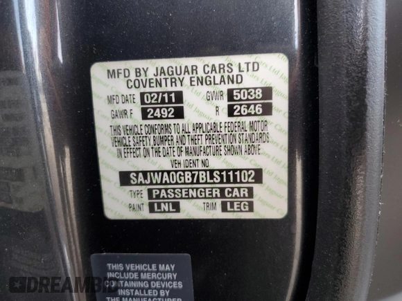 2011 Jaguar XF Premium with VIN SAJWA0GB7BLS11102, listed as a Copart auction lot 55853645 with 72,430 mi miles and Salvage title. Bid and sale history available at DreamBid. Image 13.