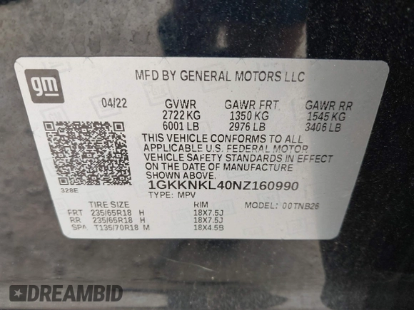 2022 GMC Acadia SLE z VIN 1GKKNKL40NZ160990, wystawiony jako IAAI lot #42146733 z przebiegiem 79 267 mil mil oraz . Historia ofert i sprzedaży dostępna na DreamBid. Obrazek 9.