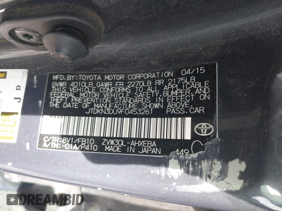 2015 Toyota Prius Four with VIN JTDKN3DU9F0453261, listed as a IAAI auction lot 42034180 with 249,420 mi miles. Bid and sale history available at carsss.com. Image 9.