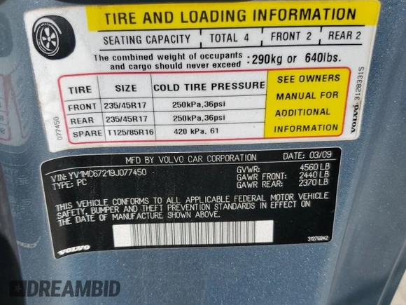 2009 Volvo C70 с VIN YV1MC67219J077450, выставлен на аукционе Copart как лот 55667685 с пробегом 74 202 миль миль и Списание • Salvage title. История ставок и продаж доступна на DreamBid. Изображение 12.