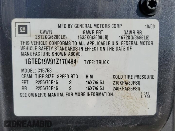 2001 GMC New Sierra 1500 SL with VIN 1GTEC19V91Z170484, listed as a Copart auction lot 43427915 with 357,362 mi miles and Clean Title. Bid and sale history available at carsss.com. Image 12.