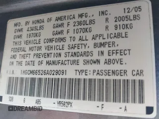 2006 Honda Accord EX-L z VIN 1HGCM66526A029091, wystawiony jako IAAI lot #42349831 z przebiegiem 208 951 mil mil oraz . Historia ofert i sprzedaży dostępna na DreamBid. Obrazek 9.