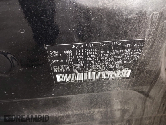 2019 Subaru Ascent Limited with VIN 4S4WMAPD7K3487675, listed as a IAAI auction lot 42293385 with 106,367 mi miles and . Bid and sale history available at DreamBid. Image 9.