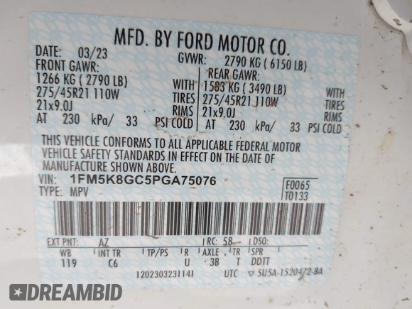 2023 Ford Explorer ST with VIN 1FM5K8GC5PGA75076, listed as a IAAI auction lot 42031194 with 41,281 mi miles. Bid and sale history available at carsss.com. Image 9.