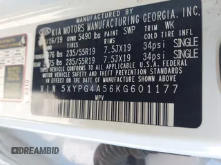 2019 Kia Sorento S V6 with VIN 5XYPG4A56KG601177, listed as a IAAI auction lot 41282318 with 132,373 mi miles. Bid and sale history available at carsss.com. Image 9.